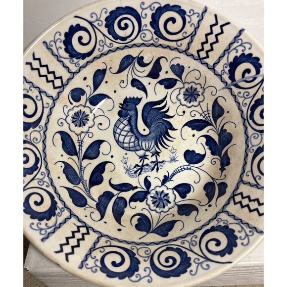Johnson Brothers Chanticleer Ironstone Serving Bowl Blue White Rooster READ DMG - Picture 2 of 7